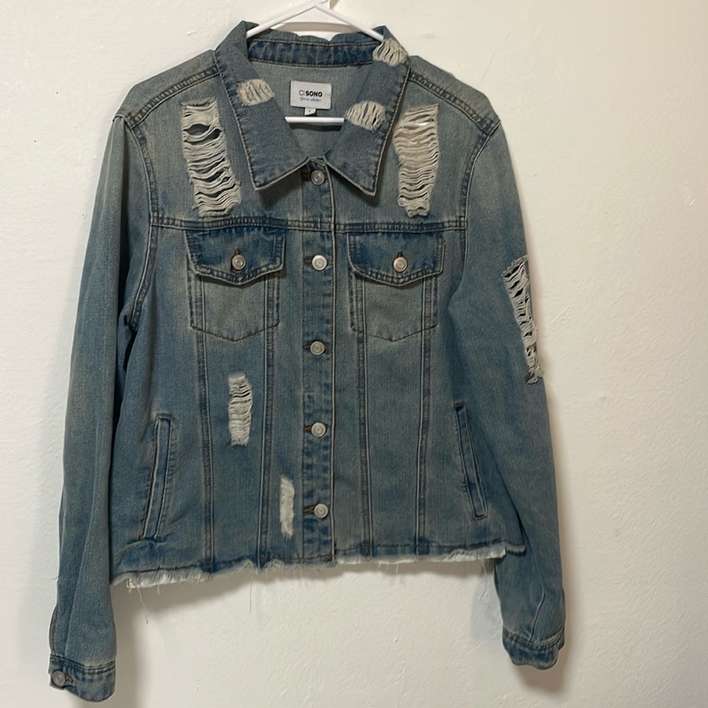 EUC CiSono Brand Distressed Raw Hem Jean Jacket Women’s Large